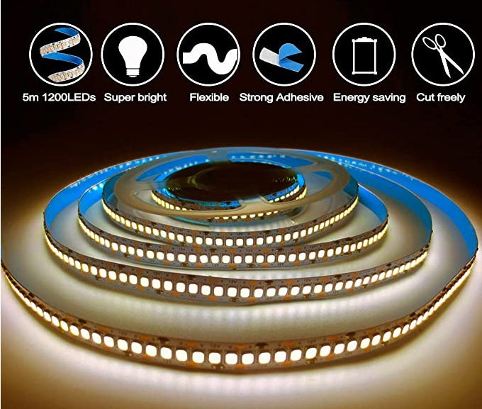 Striscia LED da 12V,luce bianca calda, 3000K, 5m, 2835, IP20, 240 LED/M, 1200 LED super luminosi