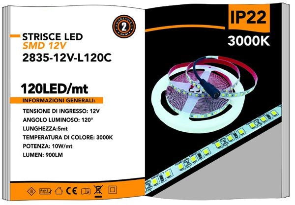 Striscia LED CALDO 3000K, 5M 12V SMD 2835 600LED flessibile tagliabile IP22