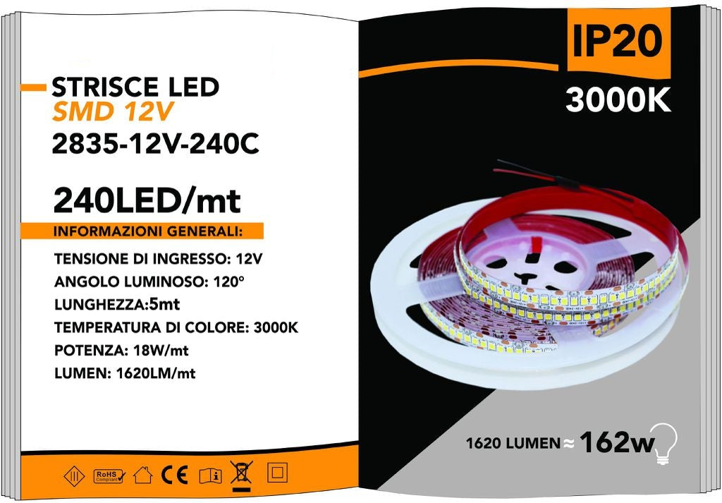 Striscia LED da 12V,luce bianca calda, 3000K, 5m, 2835, IP20, 240 LED/M, 1200 LED super luminosi